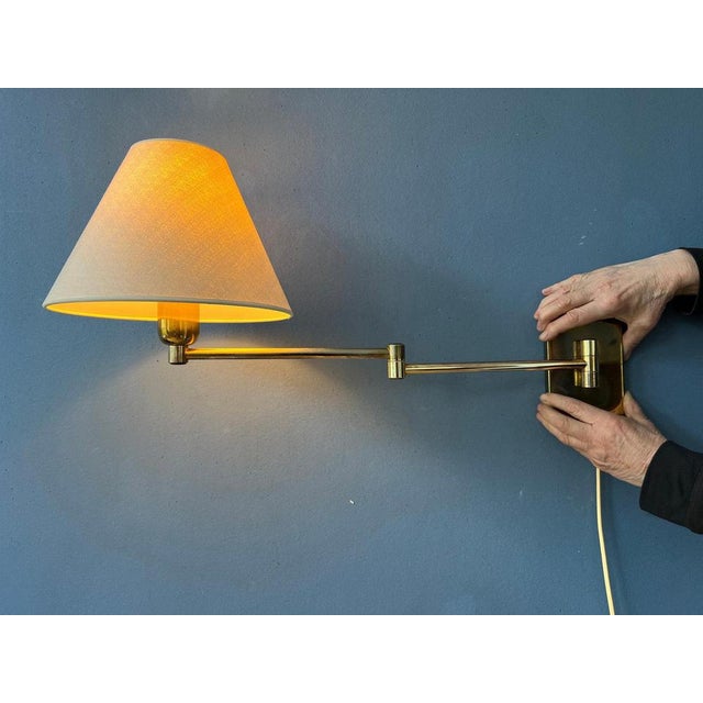 Golden Hollywood Regency Swing Arm Wall Lamp with Beige Shade For Sale - Image 11 of 11