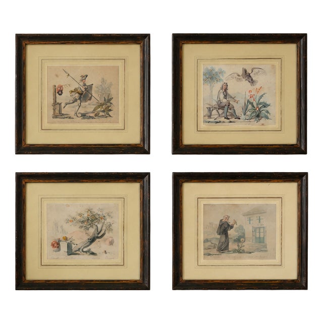 Figurative Composition, 19th Century, Watercolor Drawings on Paper, Framed, Set of 4 For Sale