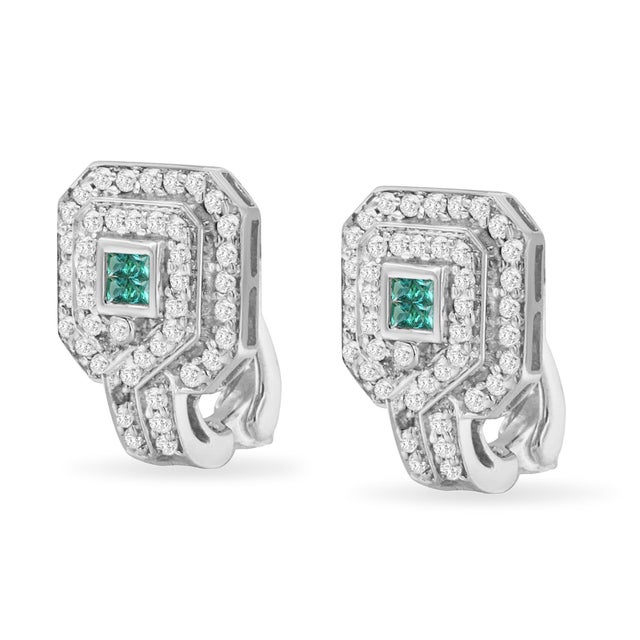 Haus of Brilliance 14K White Gold 1.0 Cttw Treated Blue and White Diamond Octagonal Shield Omega Back Earrings (H-I Color, SI1-SI2 Clarity) For Sale - Image 4 of 6