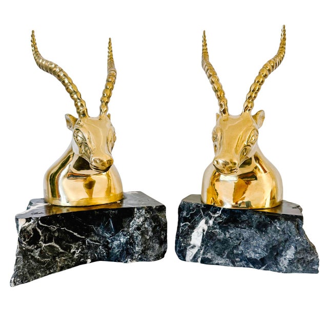 A bold, sculptural pair of vintage brass gazelle or antelope bookends perfect for your bookshelf, mantel, or desk. Tall,...