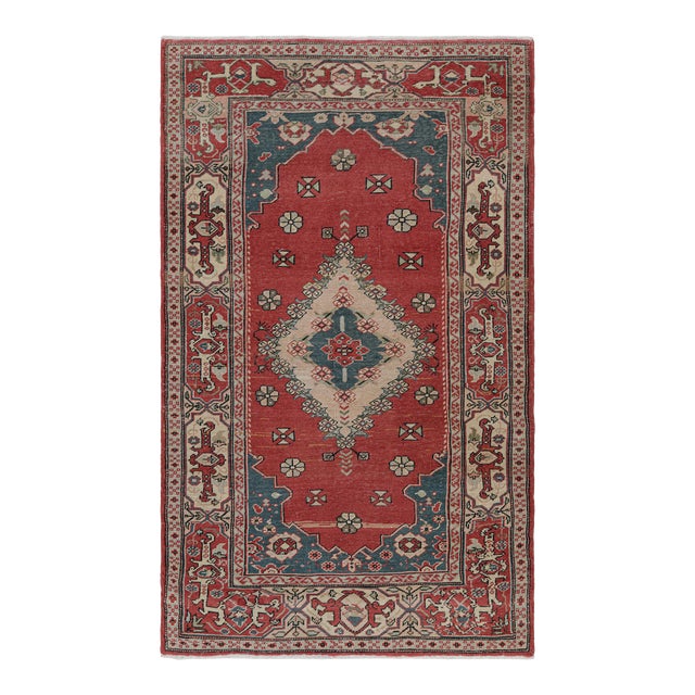 Vintage Turkish Rug in Red With Colorful Floral Medallion, From Rug & Kilim For Sale