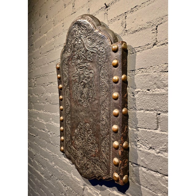 18th Century Portuguese Embossed Leather Panels W/Heraldic Crest & Brass Studs- A Pair For Sale - Image 9 of 12