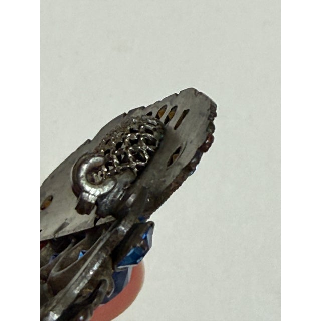 Metal Vintage 1930s Czech Sapphire Blue Rhinestone Vinaigrette Scent Brooch For Sale - Image 7 of 7