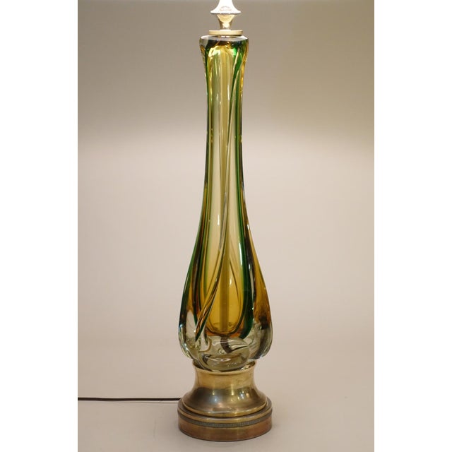 1970s 1970s XXL Murano Sommerso Thick Swirl Art Glass Brass Table Lamp Barovier Toso Italy For Sale - Image 5 of 13