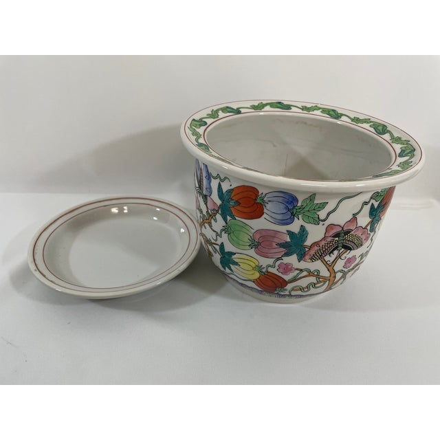 Ceramic Mid 20th Century Porcelain Famille Rose Cachepot Planter With Drain Plate For Sale - Image 7 of 17