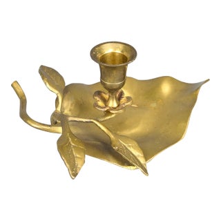 Vintage Solid Brass Leaf Candlestick Holder For Sale