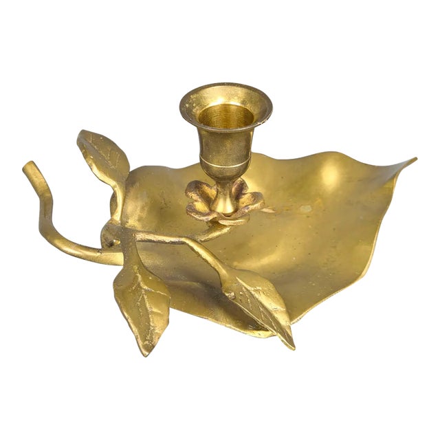 Vintage Solid Brass Leaf Candlestick Holder For Sale