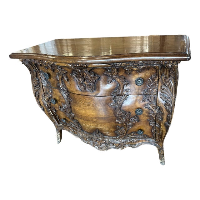 Antique Carved Bombe Chest – Ornate Rococo‑Style Dresser With Curved Front & Floral Relief For Sale