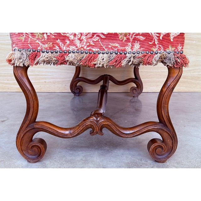 Maroon Spanish Damask Velvet Bench with Carved Walnut Legs, 1900s For Sale - Image 8 of 13