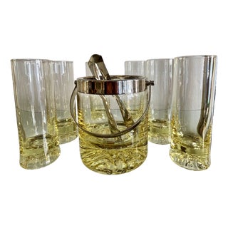 Highball Glasses and Ice Bucket Cocktail Set in Mouth-Blown, Yellow Crystal Glass, 1970s, Set of 7 For Sale