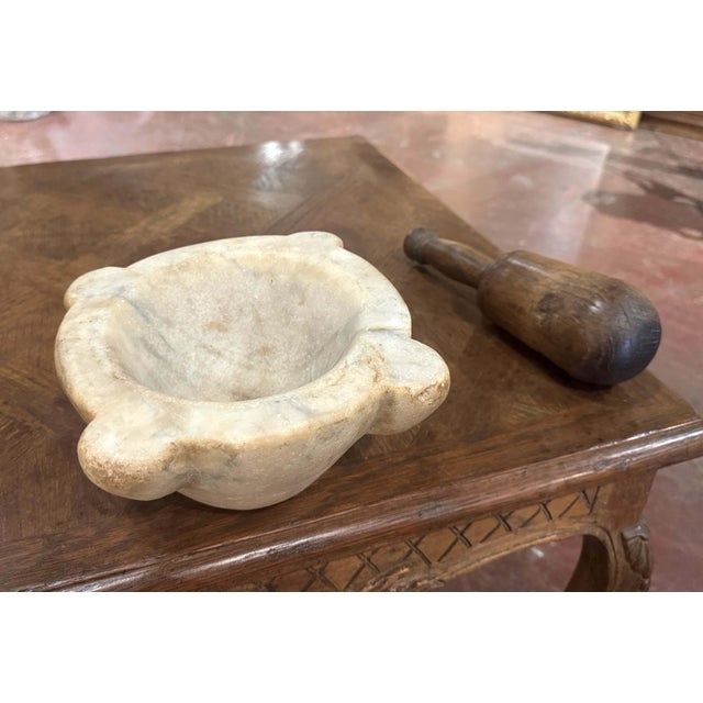 Wood 19th Century French Carved White Marble Mortar With Wood Pestle For Sale - Image 7 of 8