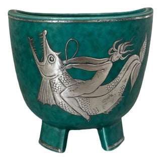 Argenta Bowl with Silver Fish Relief by Wilhelm Kåge for Gustavsberg, Sweden, 1930s For Sale