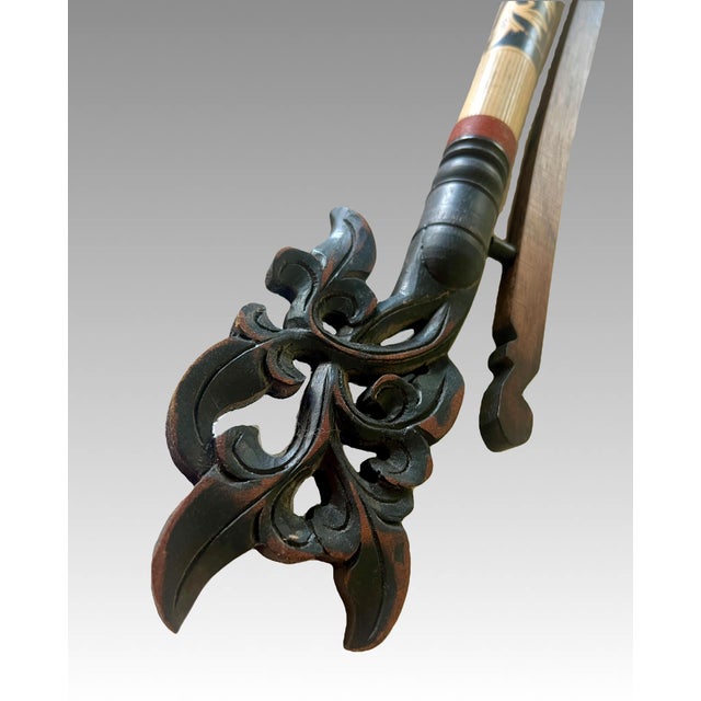 Wood Vintage Balinese Cloth / Fabric / Tapestry Bamboo & Carved Wood Wall Hanger Indonesia For Sale - Image 7 of 8