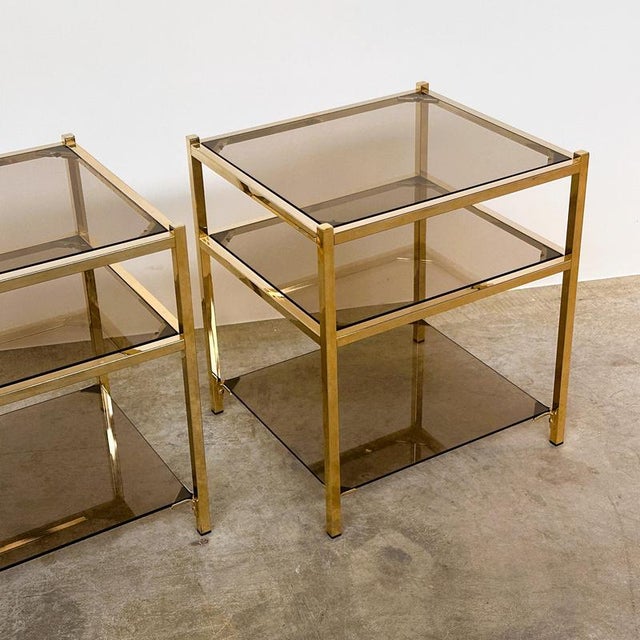 Gold Vintage Brass and Smoked Glass 3-Tier Side Tables, 1970s, Set of 2 For Sale - Image 8 of 12