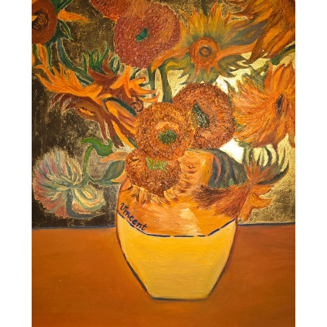 Gold Contemporary Fine Art Sunflowers Hand Painted in Oils With Gold Leaf on Canvas For Sale - Image 8 of 18