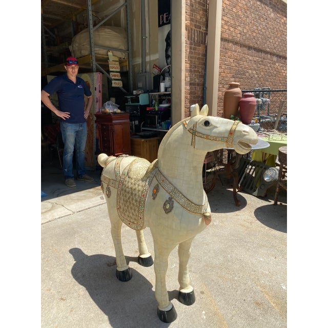 Hollywood Regency 1970s Life Size Marble Horse With Gem Details For Sale - Image 3 of 7