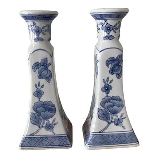 Chinoiserie Blue & White Candle Holders - a Pair For Sale