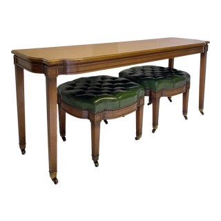 Mid-Century Carved Fruitwood Console Table and 2 Chesterfield Leather Ottomans For Sale