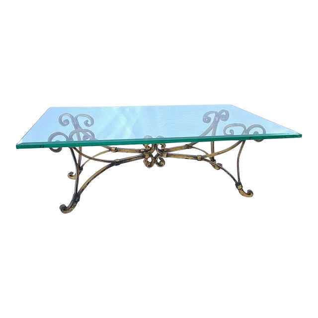 1970s Gold Gilt Iron Scroll Hollywood Regency Cocktail Table With Curved Legs & Base. For Sale