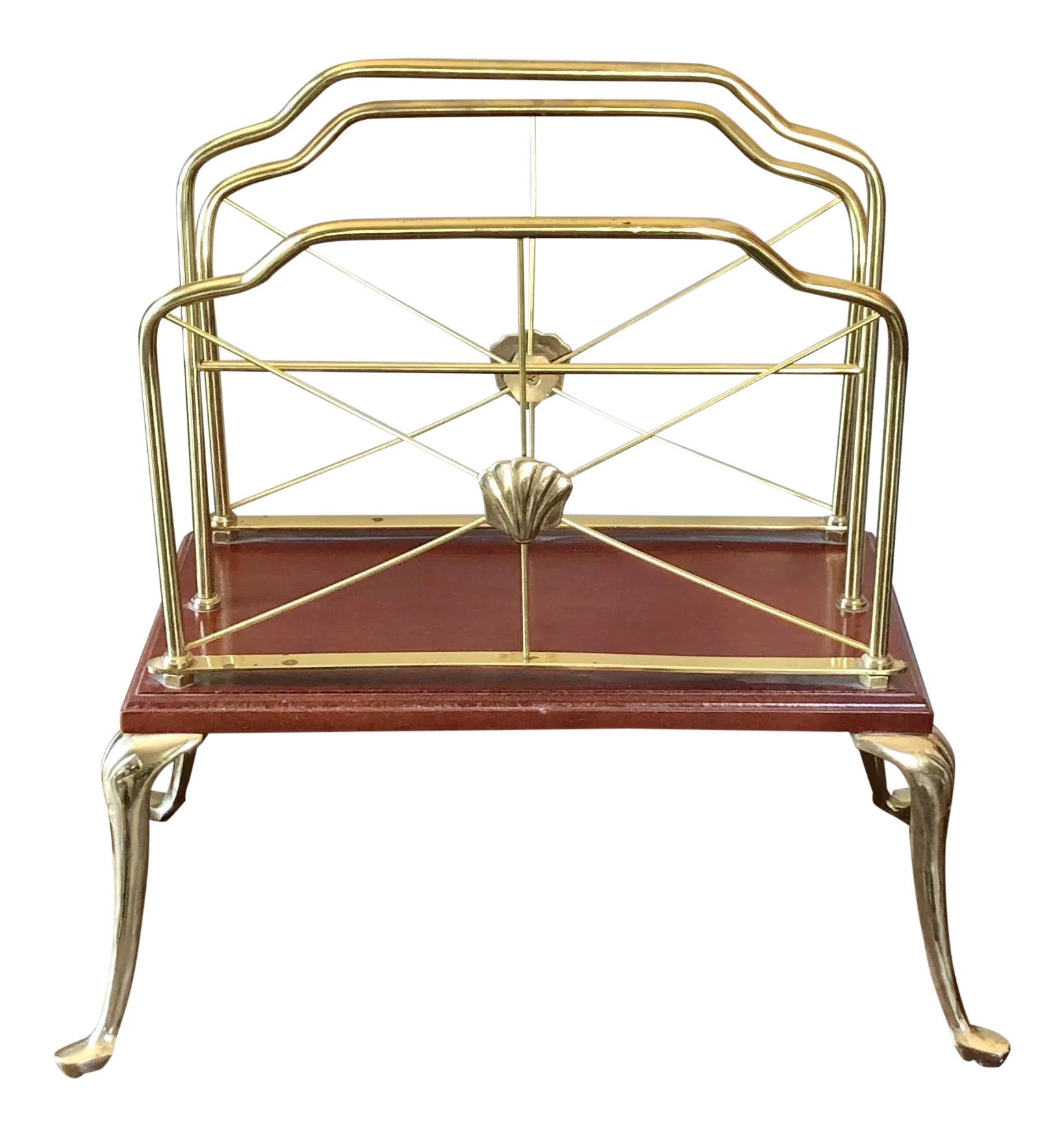 Hollywood Regency Brass Seashell Wood Magazine Rack | Chairish