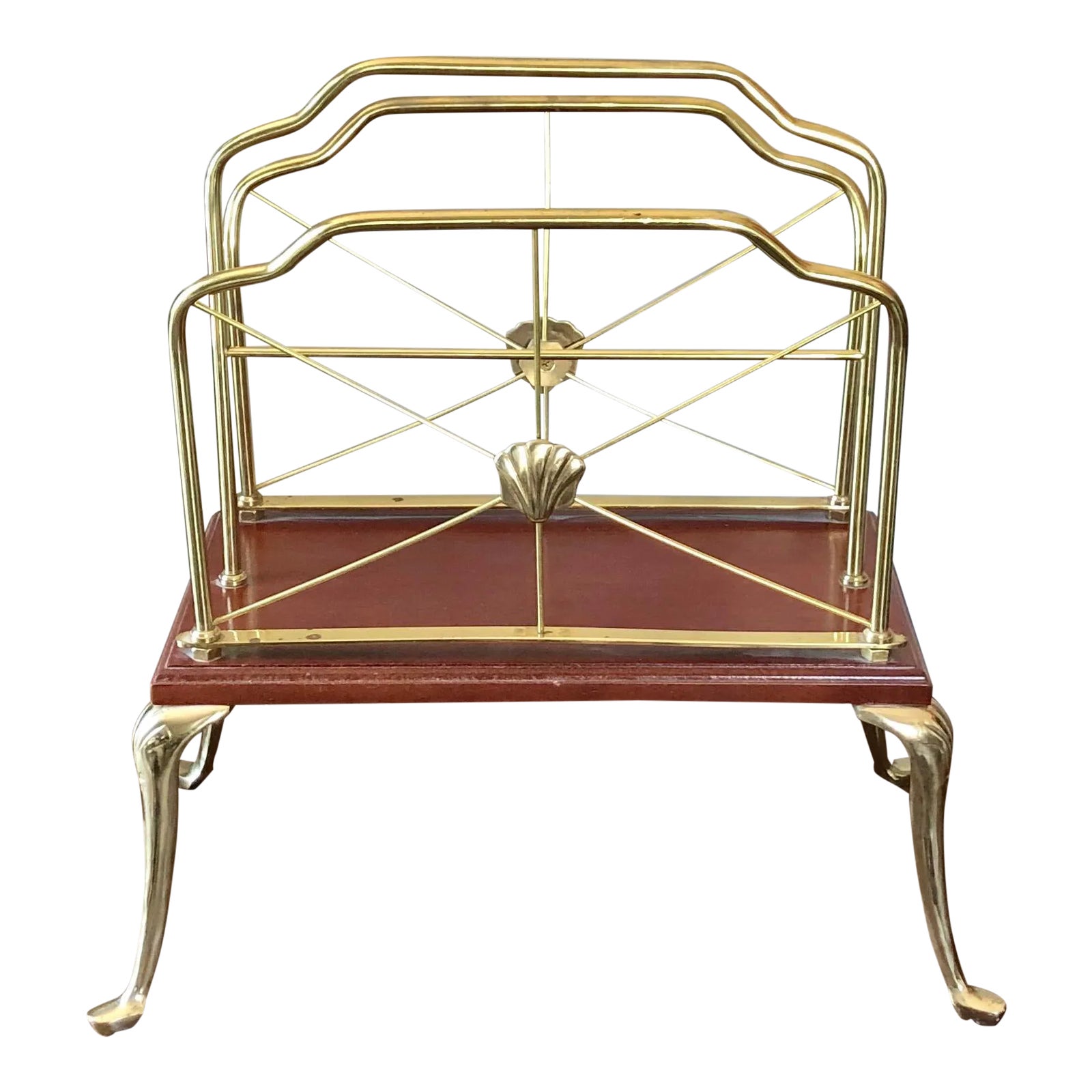 Hollywood Regency Brass Seashell Wood Magazine Rack | Chairish