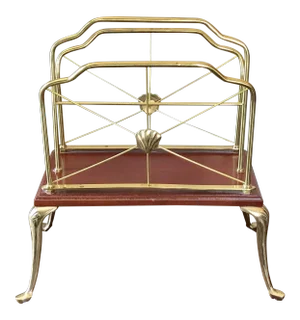 Hollywood Regency Brass Seashell Wood Magazine Rack