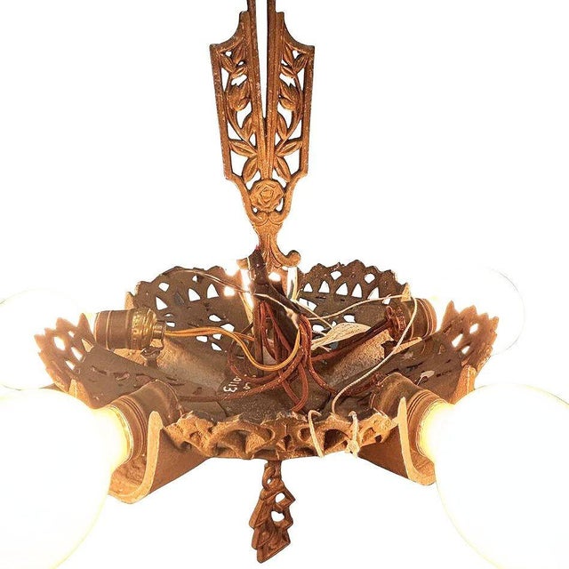 Art Deco 1930s Art Deco Brass Five Light Circular Chandelier by Markel For Sale - Image 3 of 8