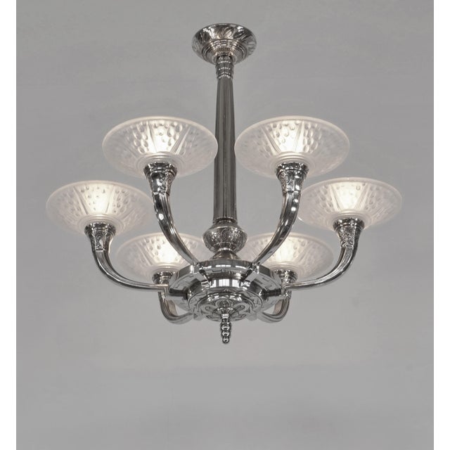 Charles Ranc & Muller frères A rare French 1930 art deco chandelier in nickel plated solid brass or bronze by the famous...
