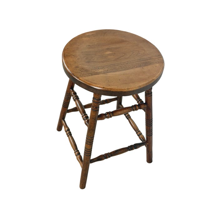 Antique Country Round Wooden Stool With Turned Legs and Stretchers For Sale In Philadelphia - Image 6 of 18