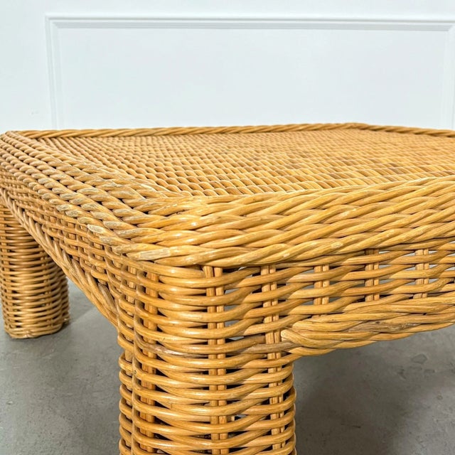 1980s 80's Palm Beach Regency Twisted Rattan Wicker Square Coffee Table For Sale - Image 5 of 5