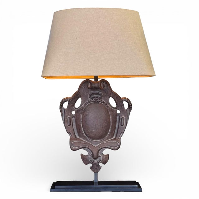 Late 20th Century Cast Iron Shield Table Lamps With Linen Shades - A Pair For Sale - Image 4 of 9