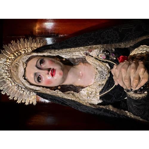 Salzillo, Our Lady of Sorrows, 18th Century, Polychrome Wood with Silver Crown in Display Case For Sale - Image 4 of 10