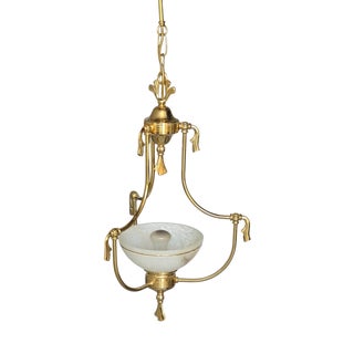 Antique Victorian Brass Pendant Light with Opaline Glass Dome and Gold Tassels, England, 1920 For Sale
