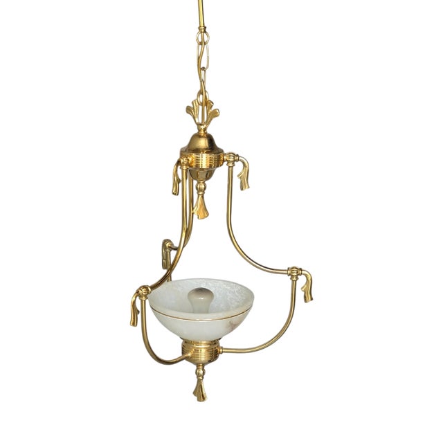 Antique Victorian Brass Pendant Light with Opaline Glass Dome and Gold Tassels, England, 1920 For Sale