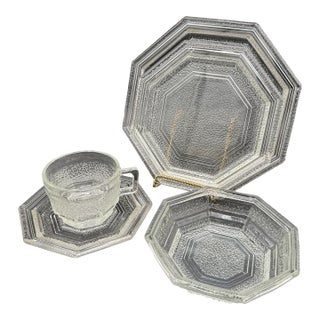 5 Pc Place Setting Octagon Clear Anchor Hocking Dinner, Salad, Bowl, Cup/Saucer For Sale