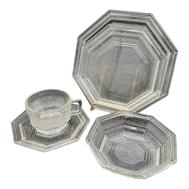 5 Pc Place Setting Octagon Clear Anchor Hocking Dinner, Salad, Bowl, Cup/Saucer For Sale