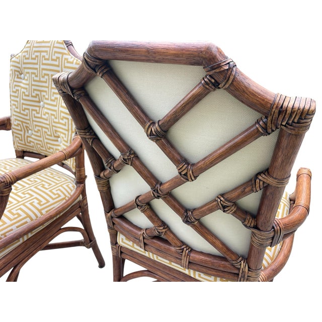 Palecek Pavilion Rattan Arm Chair Set, a Pair, Custom Greek Key Upholstery For Sale - Image 9 of 12