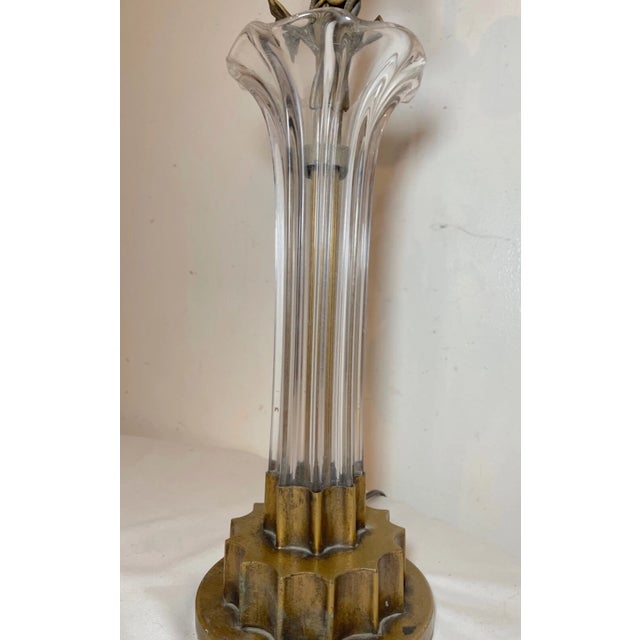 1930s High Quality Antique Gilt Bronze Blown Clear Glass Floral Electric Table Lamp For Sale - Image 5 of 12