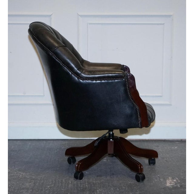 Vintage Chesterfield Dark Aged Grey Leather Directors Swifel Captains Chair For Sale - Image 4 of 16