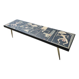 Vintage Mid Century Modern Large Rare Aztec Mosaic Tile Art Coffee Table Wall Art Brass For Sale