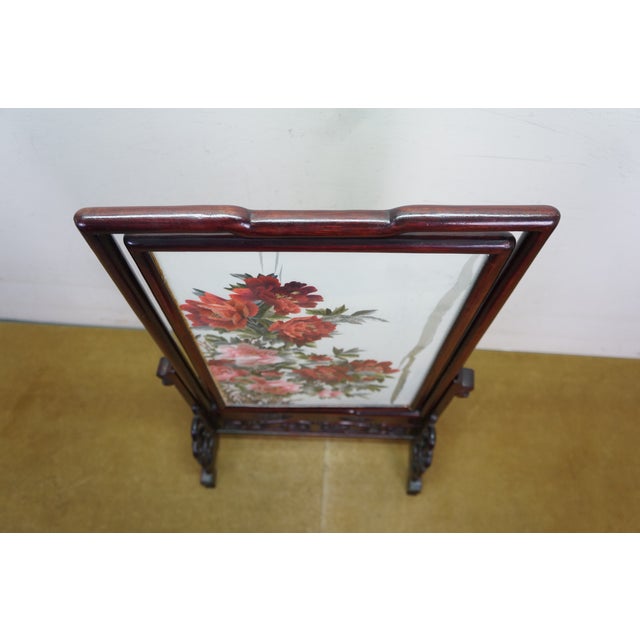 Chinese Silk Embroidered Peony Reticulated Rosewood Fire Screen Panel 31" For Sale - Image 14 of 18