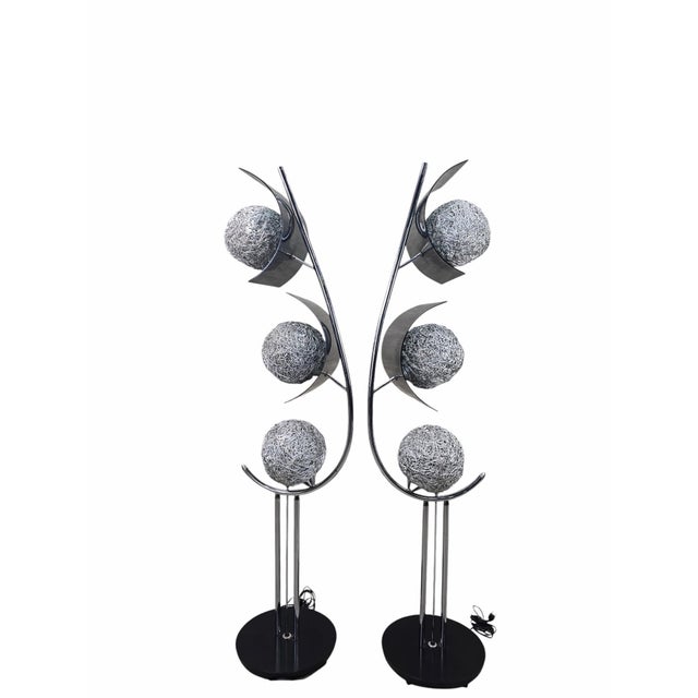Mid 20th Century Mid Century Modern Chrome Triple Light Lamps With Metal Spaghetti Shades – Pair For Sale In Chicago - Image 6 of 12