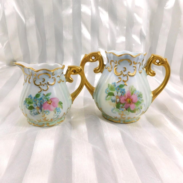 1940s Pale Blue Signed Hand Painted Teapot Sugar Bowl and Creamer Set For Sale - Image 15 of 17