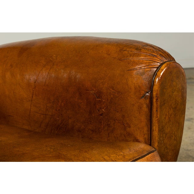1920s French Art Deco Scalloped Back Cognac Leather Club Chairs – A Pair For Sale - Image 13 of 18