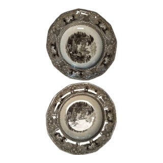 Antique E Challinor “Lozere” Ironstone Rimmed Soup Bowls - Set of 2 For Sale