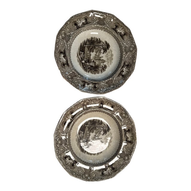 Antique E Challinor “Lozere” Ironstone Rimmed Soup Bowls - Set of 2 For Sale