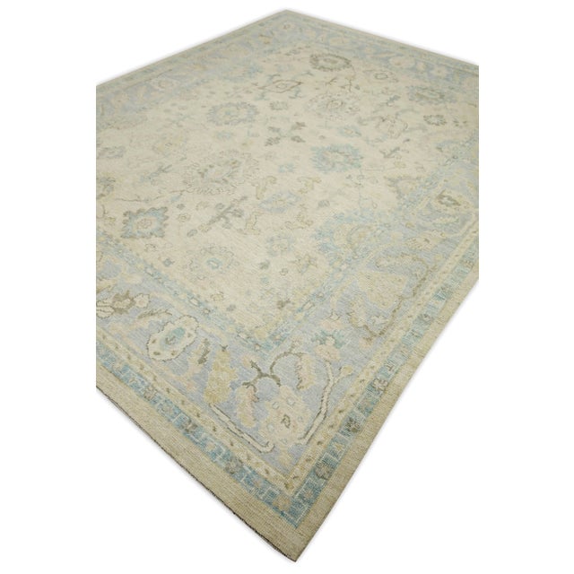 Early 21st Century Early 21st Century Cream & Blue Floral Design Handwoven Wool Turkish Oushak Rug 8'2" X 10'3" For Sale - Image 5 of 8