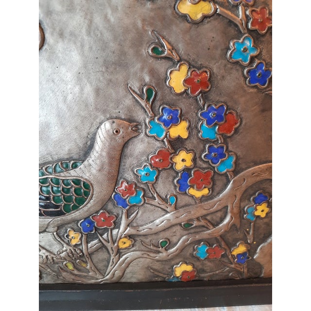 Red Vintage Pair of Asian Enamel on Metal Birl Floral Wall Art For Sale - Image 8 of 13