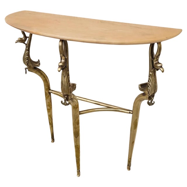 Hollywood Regency Brass Console Table with Semi-Circular Marble Top, 1950s For Sale