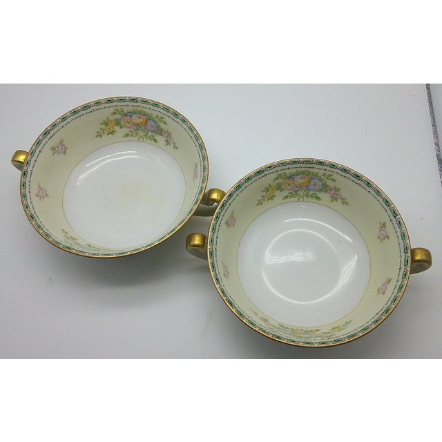 1930s Art Deco Atwater Pattern Japan Meito China Floral Double Handled Soup Bowls - Set of 2 For Sale - Image 4 of 5